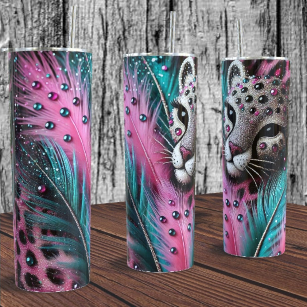 Vibrant Pink and Teal Leopard 20 oz Skinny Tumbler